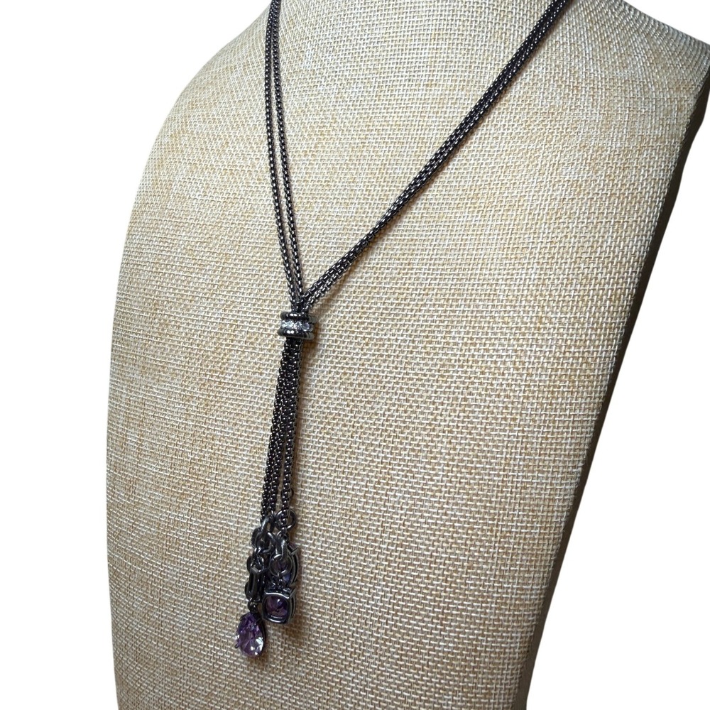 Gunmetal Purple Amethyst Glass Lariat Necklace Goth Glam Aesthetic